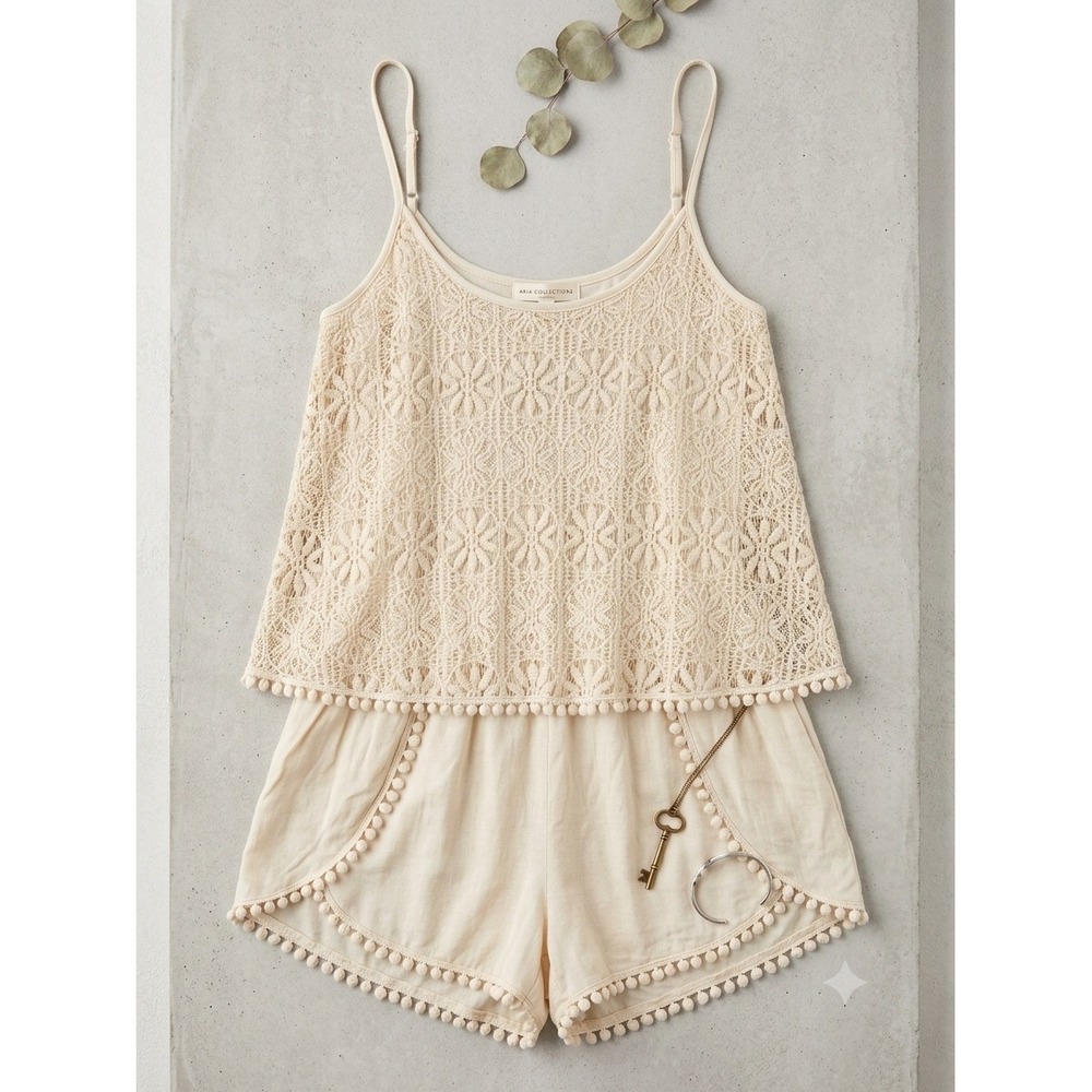 Others Follow Women Cream Lace Pom Pom Trim Romper OS1618 S